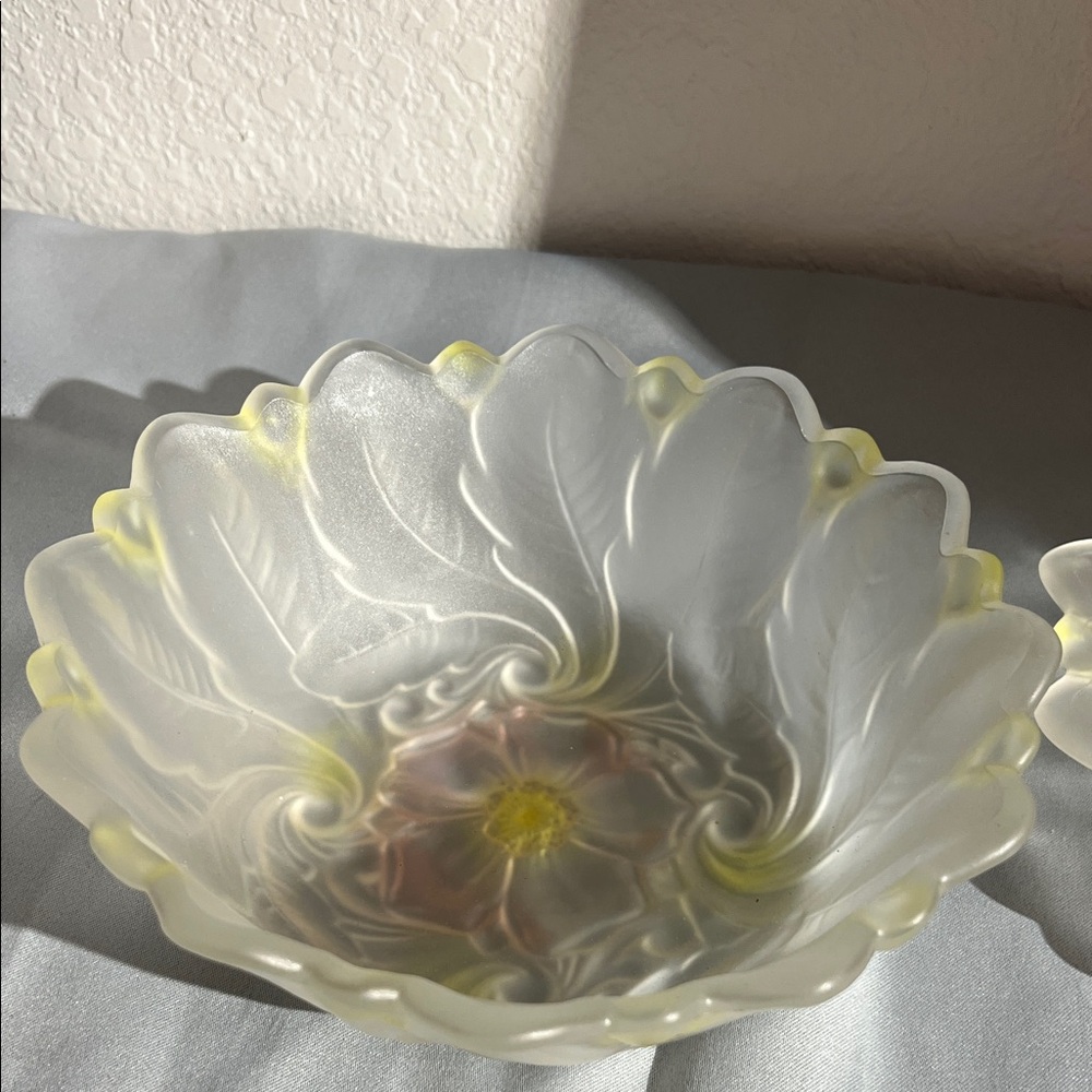 Indiana Glass Frosted Bowl with Yellow Highlights